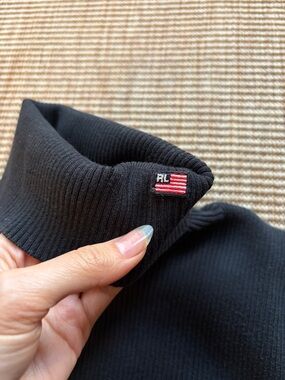 Vintage Ralph Lauren Black Ribbed Turtleneck Sweater with Flag Stitch